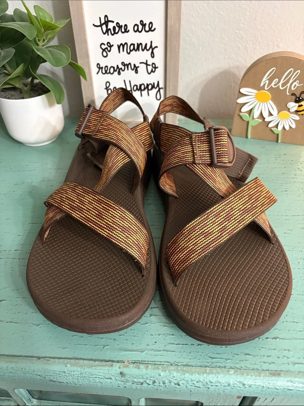 Mens Brown Strappy Sandals with Orange Accent SZ 14